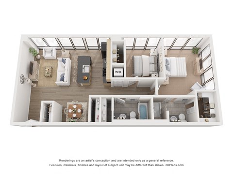 A 3D floor plan of a small apartment with a kitchen, living room, and bathroom.